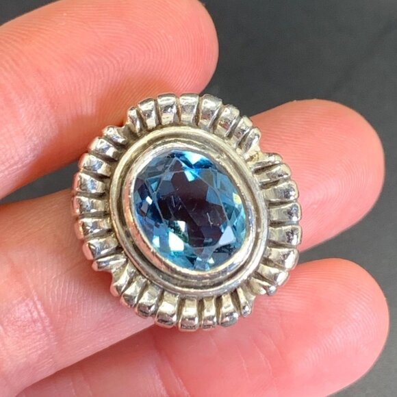 VTG Sterling Silver 925 Blue Topaz Bezel Set Textured Ridged Border Size 8.25 - Picture 11 of 13